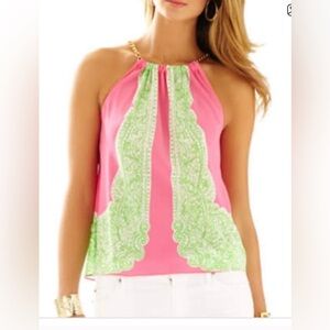 Lilly Pulitzer Pink Green Riviera Silk Chain Halter Neck Tank Top Size XXS